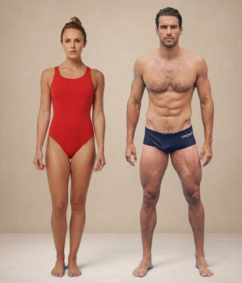 Homme et femme portant des maillots de bain sportifs pour la natation en piscine.
