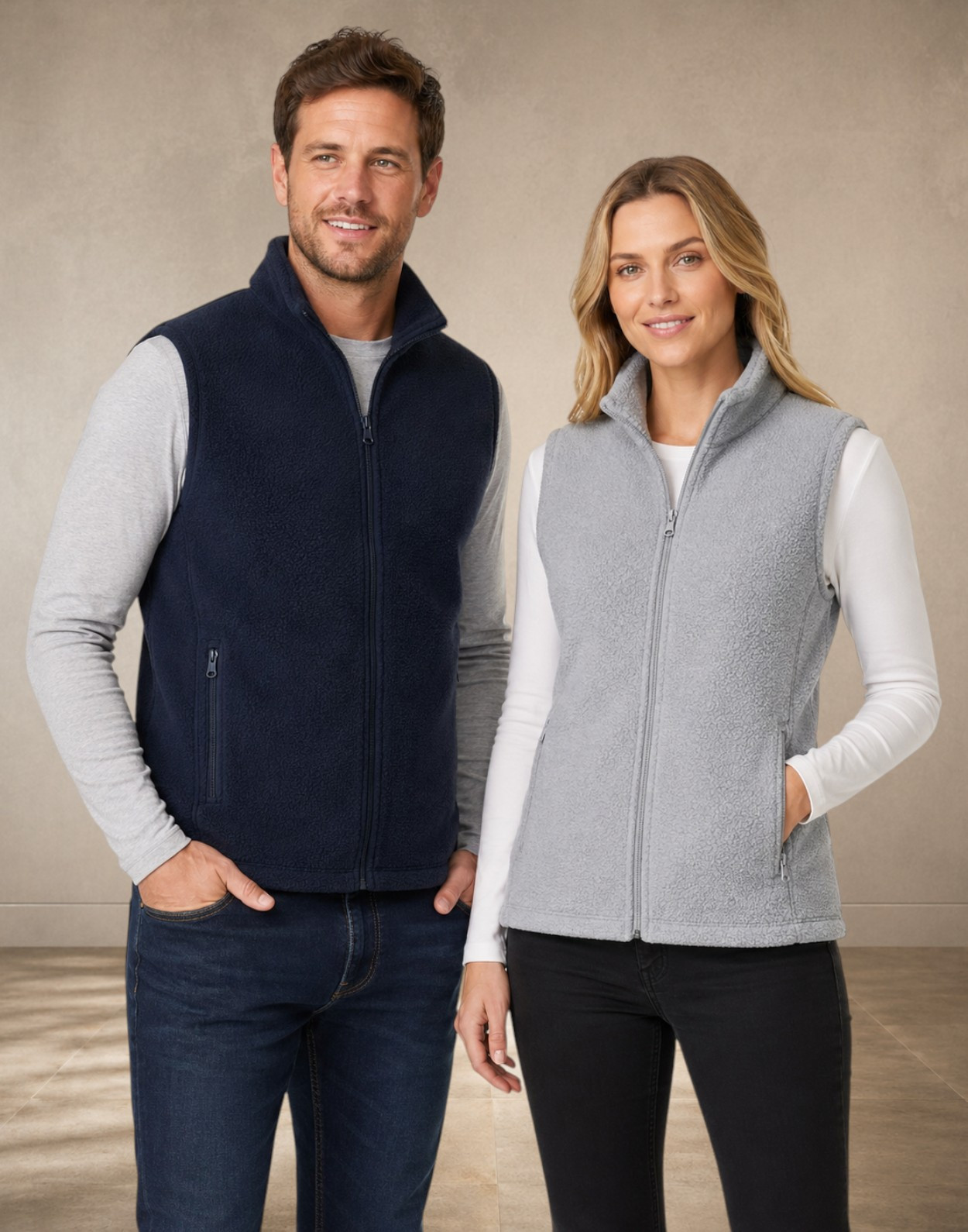 Homme et femme portant une veste polaire sans manches de couleurs différentes