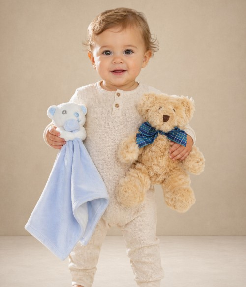 Peluches et doudous pour bébé adaptés à la crèche et aux collectivités petite enfance.